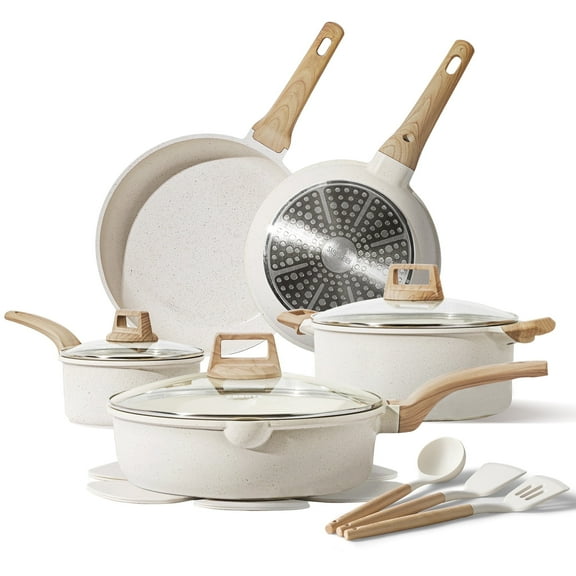 Slowfeel 15-Piece Pots and Pans Set, Nonstick Cookware Set with Utensils, Induction Compatible, White Granite