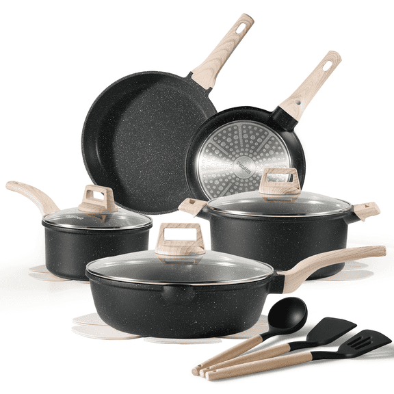 Slowfeel 15-Piece Pots and Pans Set, Nonstick Cookware Set with Utensils, Induction Compatible, Black Granite