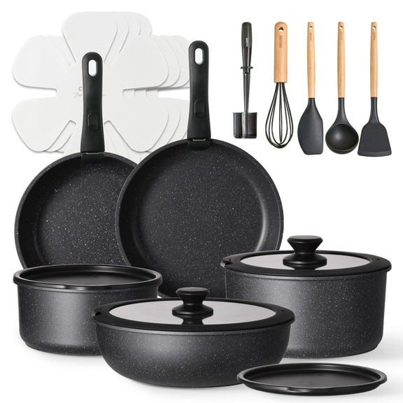 Slowfeel 25-Piece Pots and Pans Set, Nonstick Cookware Set with Detachable Handles, Induction Compatible, Dishwasher Safe, Black