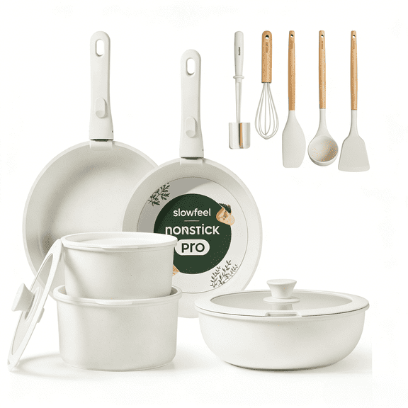 Slowfeel 25-Piece Pots and Pans Set, Nonstick Cookware Set with Detachable Handles, Induction Compatible, Dishwasher Safe, White
