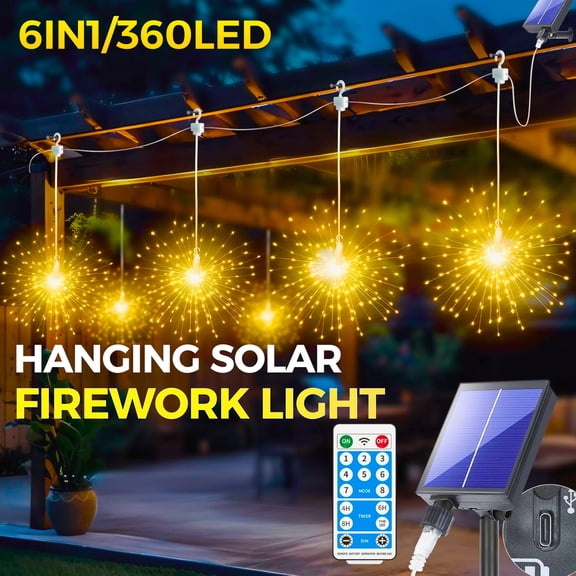 Slssqhz Solar Firework Lights 6 Pack 1200LEDs with Waterproof Remote DIY Rechargeable Dimmable Timer Outdoor for Garden Gazebo Porch Party Wedding Christmas