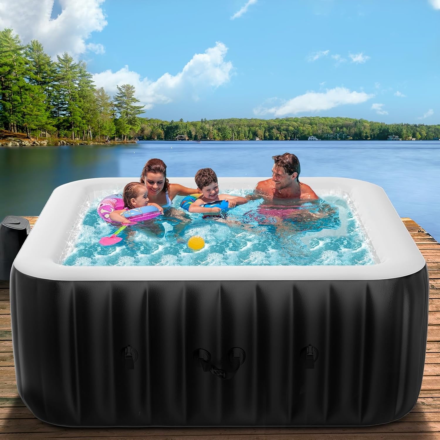 Slsy 4-6 Person Inflatable Hot Tub, Square Blow Up Portable Hot Tub, Leak-Proof PVC Outdoor Spa with 130 Strong Air Jets, Heater Pump and Insulated Cover, 73” X 73”X 25”