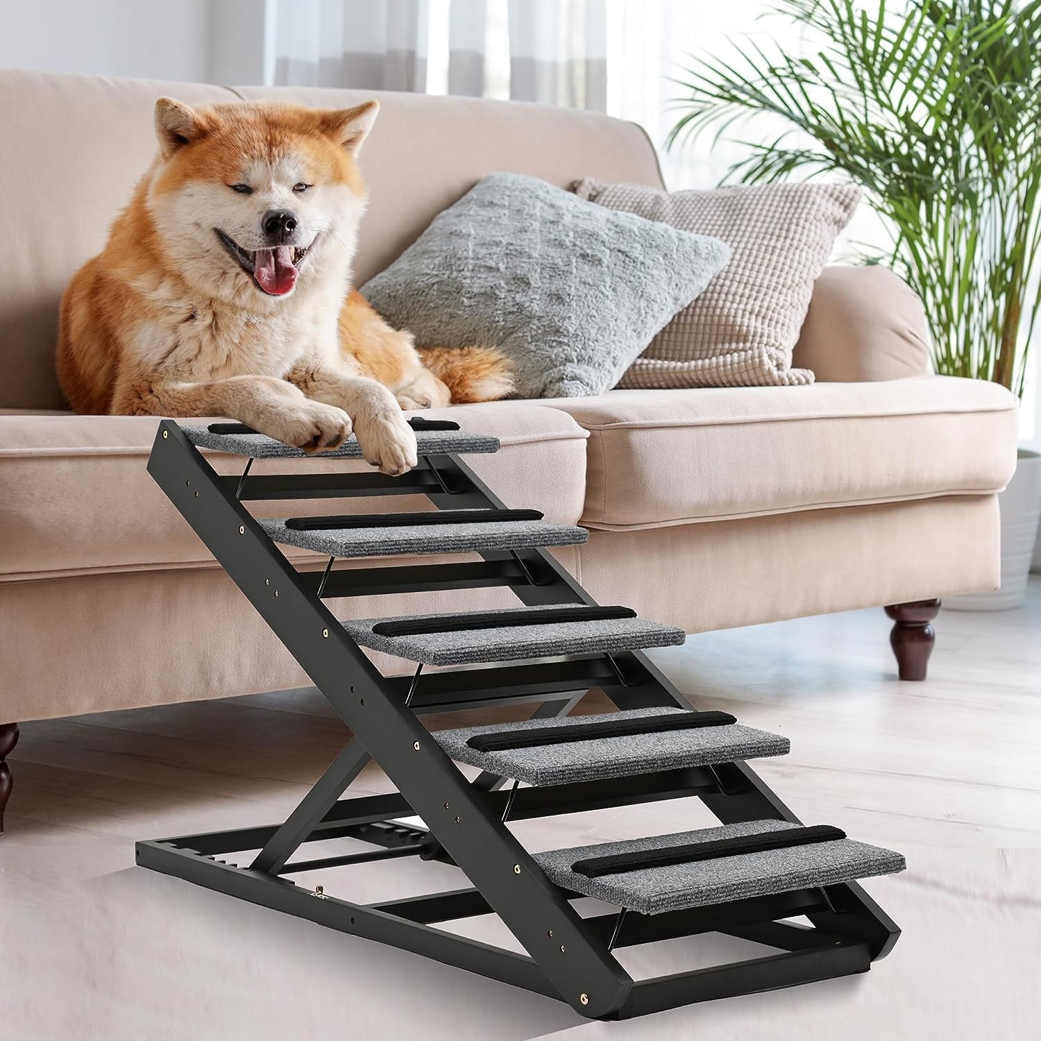 Slsy 2 in 1 Foldable Dog Ramp with Stairs 5 Level Adjustable 47.2 L x 17.3 W Pet Ramp Natural Wooden Ramp for Small Large Old Dogs Cats Supports up to 200 lbs