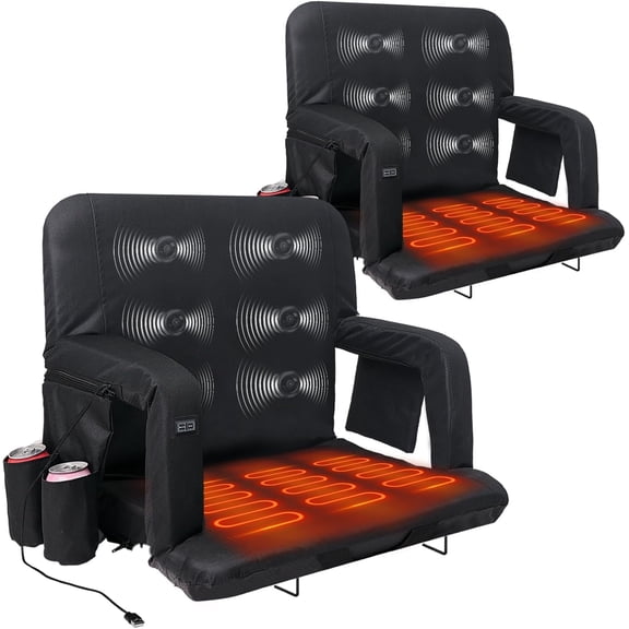 Slsy 2 PCS Heated Massage Stadium Seats, Bleacher Seat with Back & Arm Support, 3 Levels of Heat&Massage, 6 Reclining Positions Stadium Seating Bleacher Seats for Sports Events