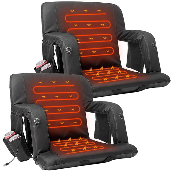 Slsy 21" Set of 2 Heated Stadium Seats for Bleachers with Back Support, Dual-sided Heated Stadium Chair for Outdoor Sport Events, 6 Reclining Positions, 3 Heat Modes