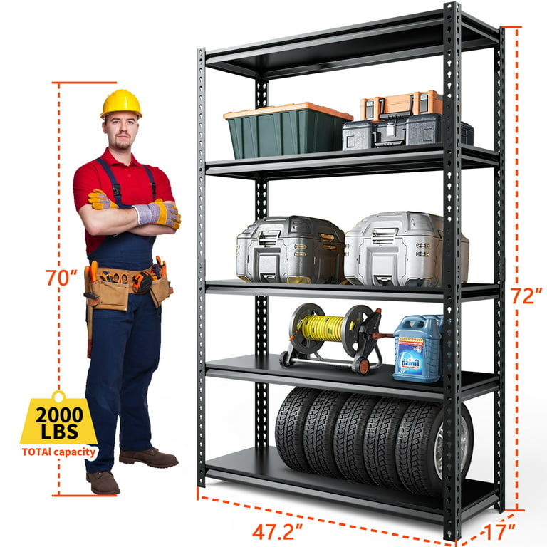 Slsy 2500 lbs 5 Tier Garage Shelves, Heavy Duty Storage Shelves for Garage,  Metal Shelf Rack with Adjustable Shelves Metal Rack, 47.2 W x 17 D x 72