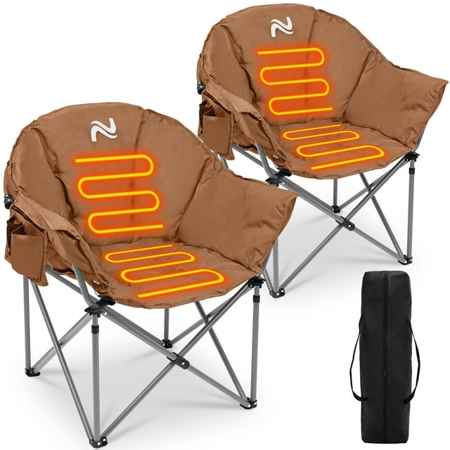 Slsy 2PACK Oversized Heated Camping Chair, Padded Camp Chair with 3 Heat Levels, Portable Folding Heated Chair Round Moon Saucer Folding Lawn Chair Outdoor Chair
