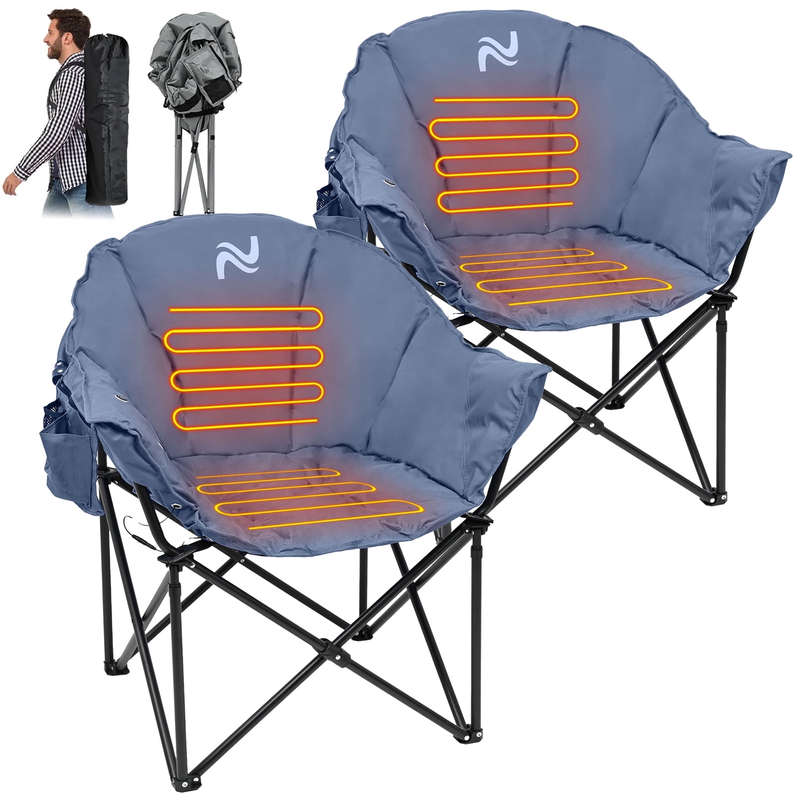 Slsy 2PACK Oversized Heated Camping Chair Padded Camp Chair with 3 Heat Levels Portable Folding Heated Chair Round Moon Saucer Folding Lawn Chair Outdoor Chair Walmart