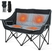 Slsy Oversized Heated Double Camping Chair, 2-Person Heated Folding Chairs for Outdoor Sports w/ 3 Heat Levels & 4 Heating Zones, Patio Lounge Chairs Folding Camping Chair Supports 550 lbs