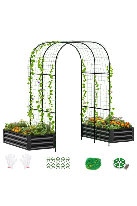 3 in 1 Galvanized Raised Garden Bed with 85in Tall Arch Trellis for Climbing Vegetables Flowers Herbs, Metal Raised Garden Bed Kit with Trellis, Plant Ties, Climbing Supporting Netting