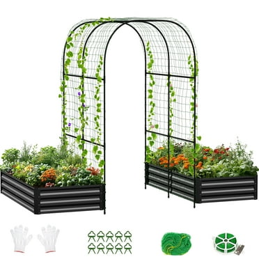 Slsy 3 in 1 Galvanized Raised Garden Bed with 85in Tall Arch Trellis for Climbing Vegetables Flowers Herbs, Metal Raised Garden Bed Kit with Trellis, Plant Ties, Climbing Supporting Netting