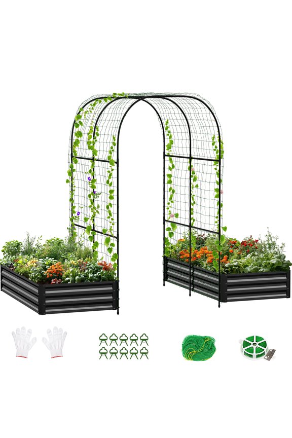 3 in 1 Galvanized Raised Garden Bed with 85in Tall Arch Trellis for Climbing Vegetables Flowers Herbs, Metal Raised Garden Bed Kit with Trellis, Plant Ties, Climbing Supporting Netting