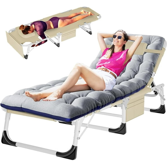 Slsy 3 in 1 Sun Tanning Chair Oversized with Mat & Face Arm Hole, 5-Position Heavy Duty Folding Chaise Outdoor Lounge Chair w/ Pillow, for Beach, Pool, Lawn, Yard, Patio