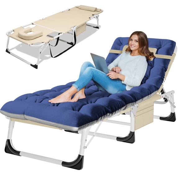 Slsy 3 in 1 Sun Tanning Chair Oversized with Mat & Face Arm Hole, 5-Position Heavy Duty Folding Chaise Outdoor Lounge Chair w/ Pillow, for Beach, Pool, Lawn, Yard, Patio