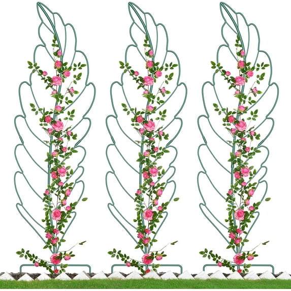 Slsy 3 Pack Metal Garden Trellis Plant Support Trellis for Climbing Vines Floral Vegetables Metal Trellis -Green Leaf Trellis Garden Decoration Set of 3
