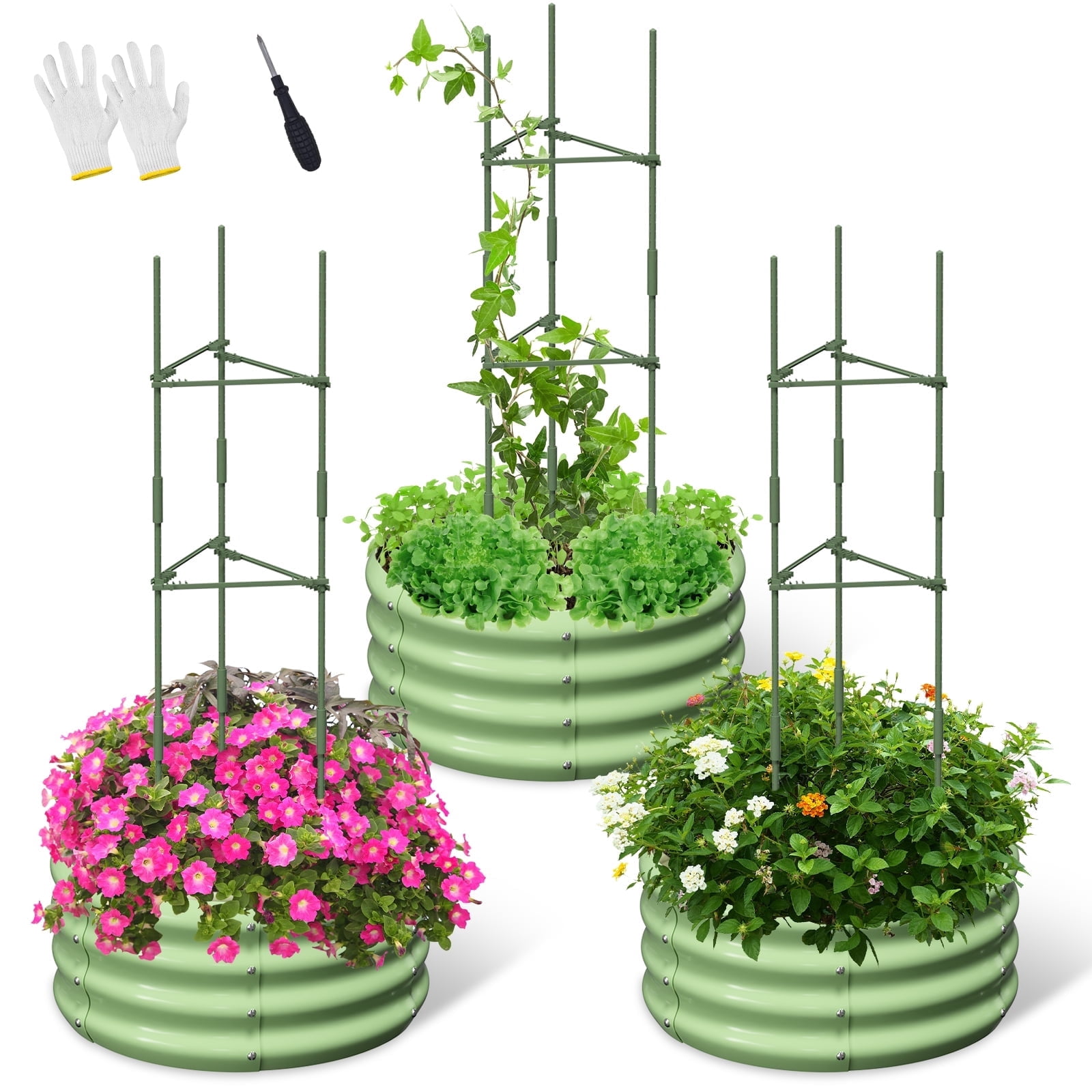 Slsy 3 Pcs 24x24x12in Round Galvanized Raised Garden Bed with Tomato Cages, Metal Planter Box for Planting Plants Vegetables Herbs Flowers