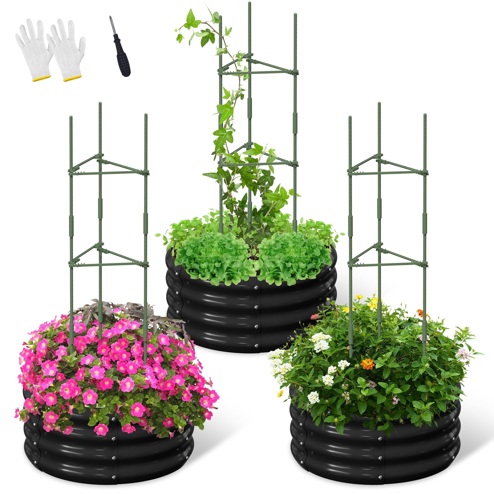 Slsy 3 Pcs 24x24x12in Round Galvanized Raised Garden Bed with Tomato Cages, Metal Planter Box for Planting Plants Vegetables Herbs Flowers