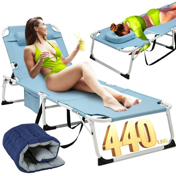 Slsy 3in1 Sun Tanning Chair with Mattress, Heavy Duty Summer Lounger Chair with Face Arm Hole, Adjustable, Removable Pillow & Carry Handle, Sunbathing Chair for Patio, Poolside, Lawn, Beach