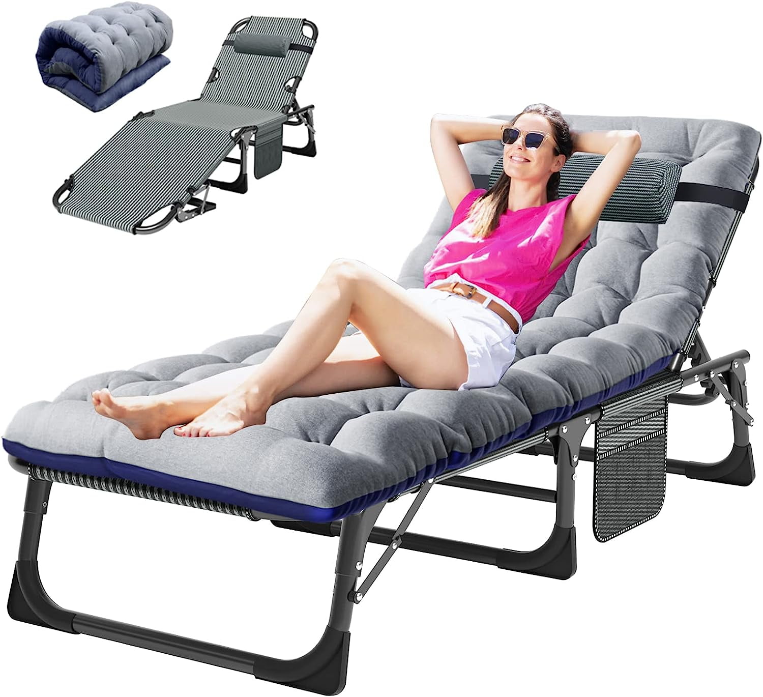 Slsy 4Fold Folding Camping Cot with 2 Sided Cushion & Headrest