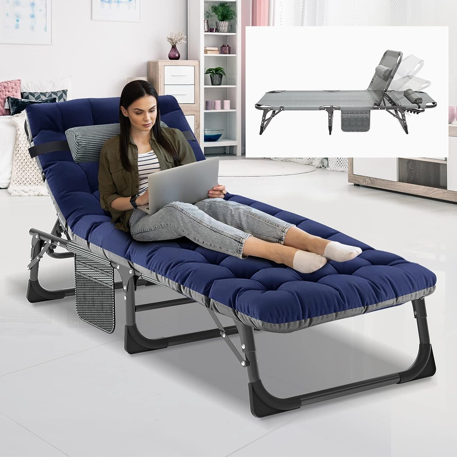 Slsy 4Fold Folding Camping Cot with 2 Sided Cushion & Headrest