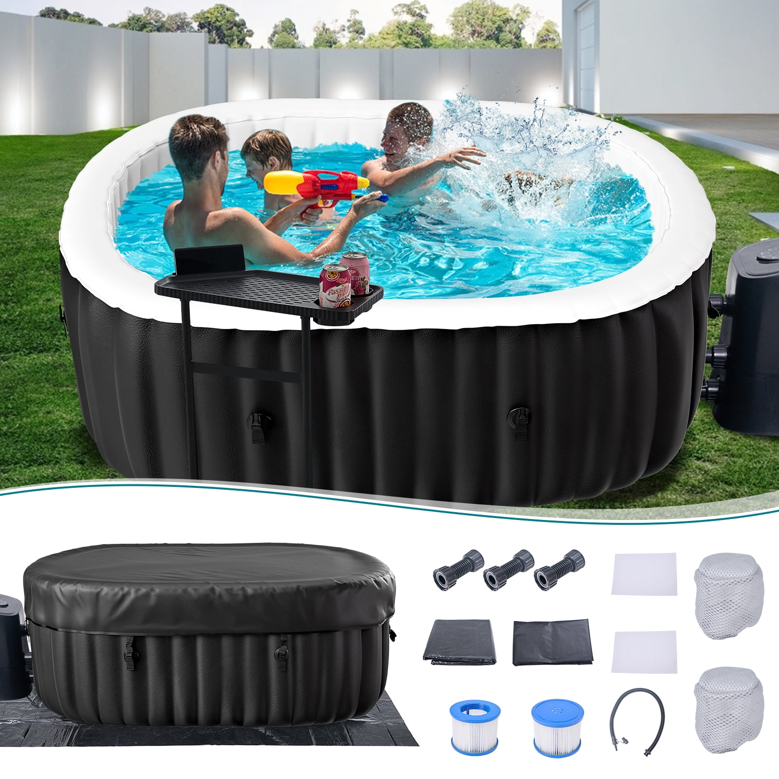 Slsy 2 Person Capacity Inflatable Hot Tub, 75"x47"x25" Large Portable Hot Tub with 100 Air Jets, PVC Cover, Pad and Pump, Durable Thick Material for Outdoor Use, Black
