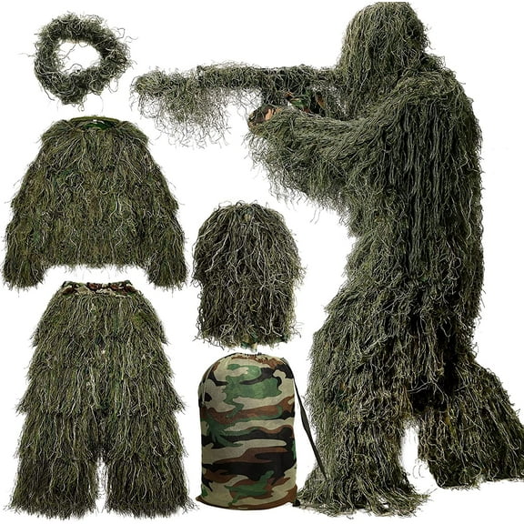 Slsy 5 in 1 Ghillie Suit, 3D Camouflage Apparel Including Jacket, Pants, Hood, Carry Bag Suitable for Unisex Adults (S/M/L/XL/XXL)