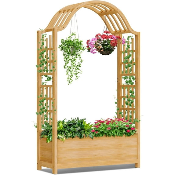 Slsy 63" Raised Garden Bed with Arch Trellis, Wooden Planter Box with Hanging Roof & Drainage Holes, Indoor Outdoor Elevated Planter for Vine, Climbing Plants, Flowers, Patio & Garden