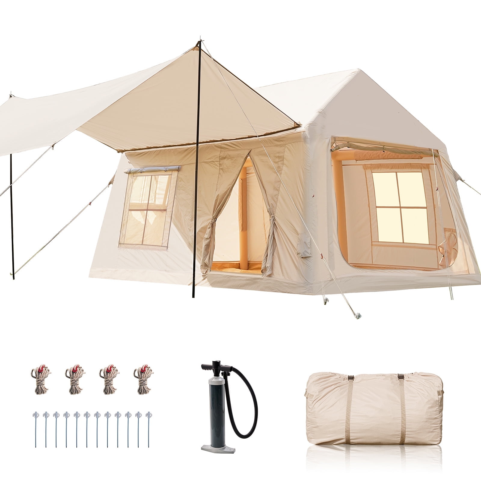Slsy 8-10 Person Inflatable Camping Tents with Canopy, Air Glamping Tents w/ Hand Pump & Carry Bag, Easy Setup Waterproof Windproof Blow up Tent, 4 Seasons Oxford Cabin Tent with Mesh&Chimney Window