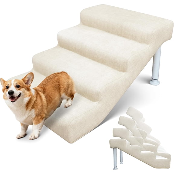 Slsy Adjustable Pet Stairs for Beds and Sofas - 4 Tiers 16" - 20" High Non-Slip Dog Steps, Holds 150lbs - Linen Faux Leather Dog Stairs for Small and Medium Dogs and Cats