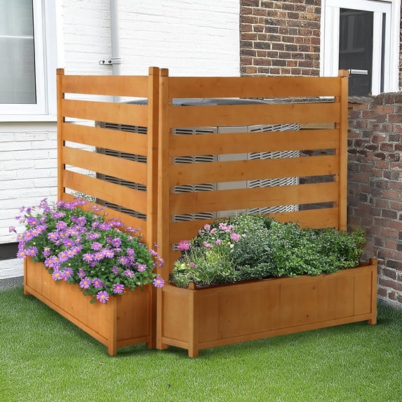 Slsy Air Conditioner Fence Outdoor Freestanding Wood Privacy Screen with Planter Box for Trash Can Pool Equipment Enclosure, No-Dig Kit 36" W x 45" H (2 Panels)