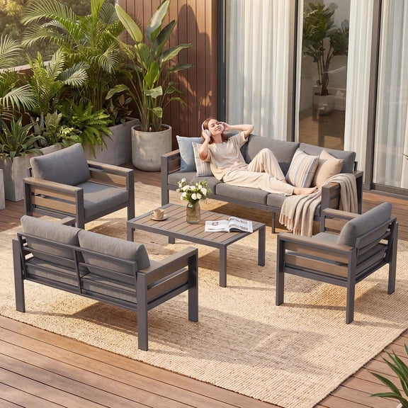 Slsy Aluminum Patio Conversation Set, 5-Piece Modular Outdoor Furniture Set with Widened Armrests and Cushions, Metal Sofa for Porch Balcony Deck Yard
