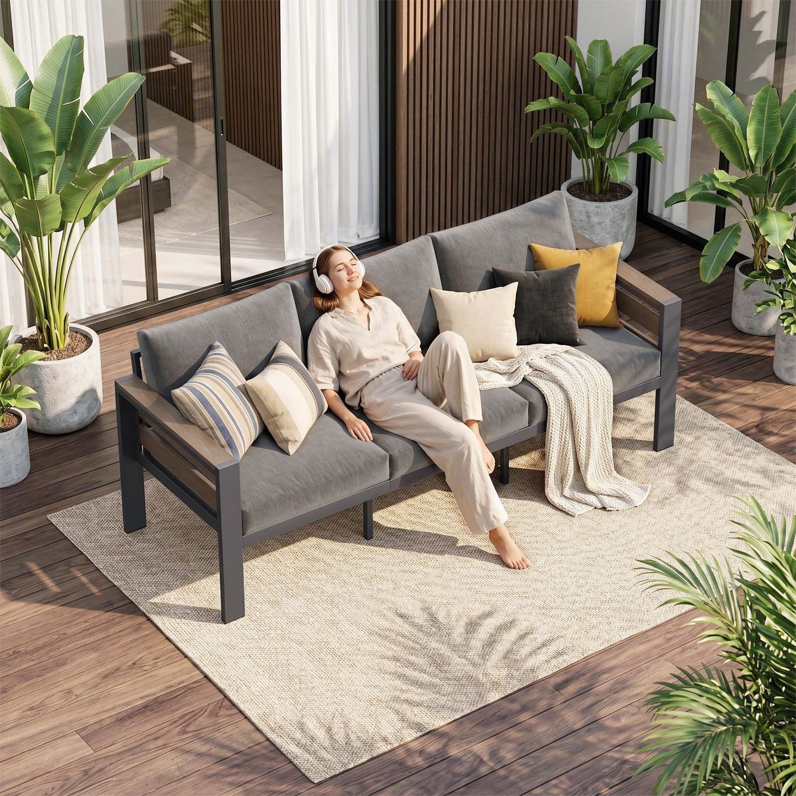 Slsy Aluminum Patio Sofa, 3-Seat Outdoor Conversation Set with Widened Armrests and Thickened Cushions, Metal Furniture for Porch Balcony Deck Yard Poolside
