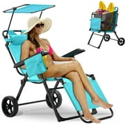 Slsy Beach Cart Chair, 2 in 1 Foldable Chaise Lounge Chair c and 10'' Wheels, Adjustable Canopy Shade for Beach, Backyard, Pool, Picnic
