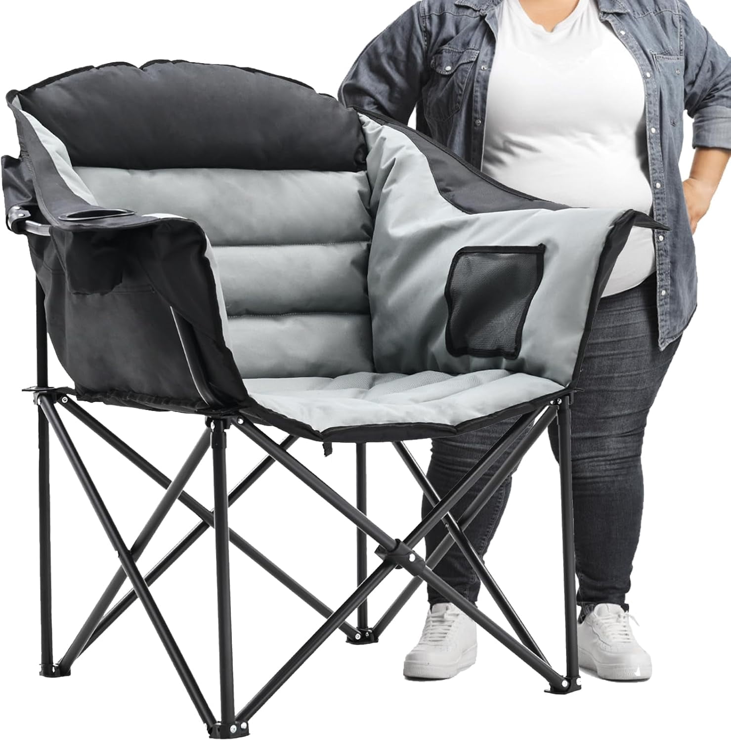 Nice C Camping Chair With Cooler Bag - Portable Lawn Chair With Cup Holder, Side Pocket, Armrests (Green & Grey, 400lb Capacity)
