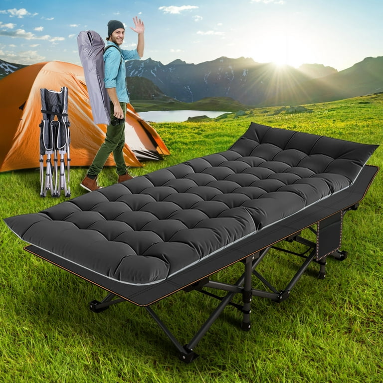 Slsy Camping Cot with Black&Gray Pad,Cots for Sleeping,Camping Bed Folding  Cot 800LBS(Max Load) Comfortable Heavy Duty Adult & Kids Travel Cot with