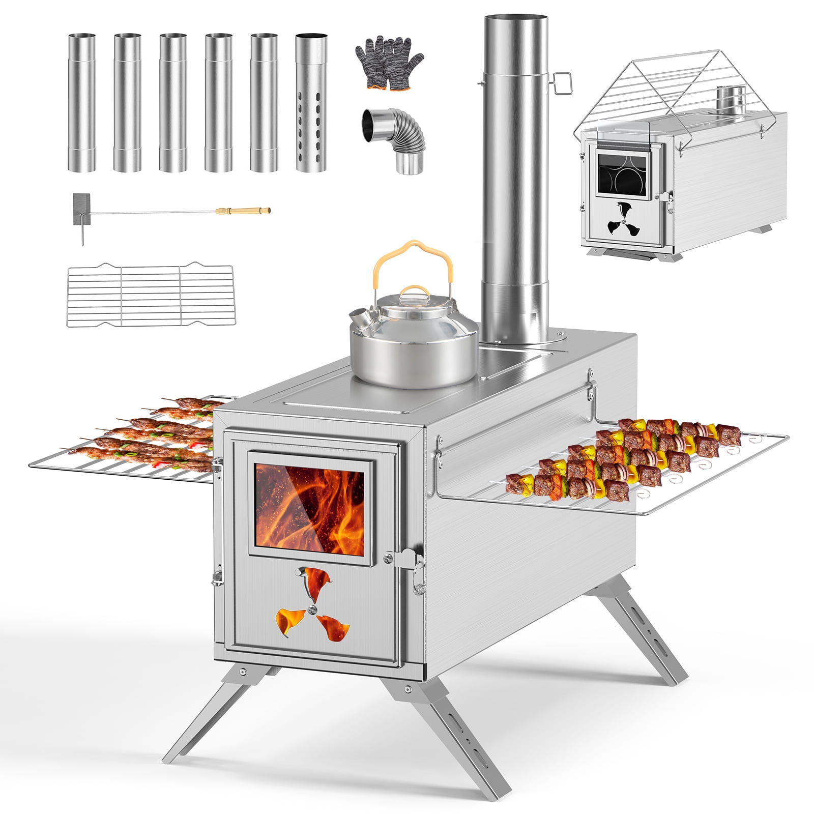 Slsy Wood Tent Stove Portable Camping Wood Burning Stove Stainless Steel Hot Tent Stove with 7 Chimney Pipes for Outdoor Camping Cooking Heating BBQ Hiking Fishing Hunting Walmart