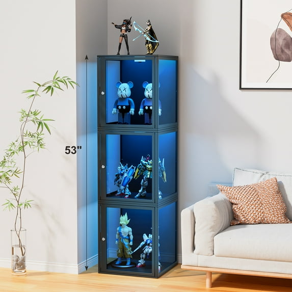 Slsy Display Cabinet with Acrylic Doors & Lock, 53.1" Glass Curio Cabinet with Multi-Color LED Lights, 3-Tier Figurine Showcase for Collectibles, Action Figures, and Models, Black