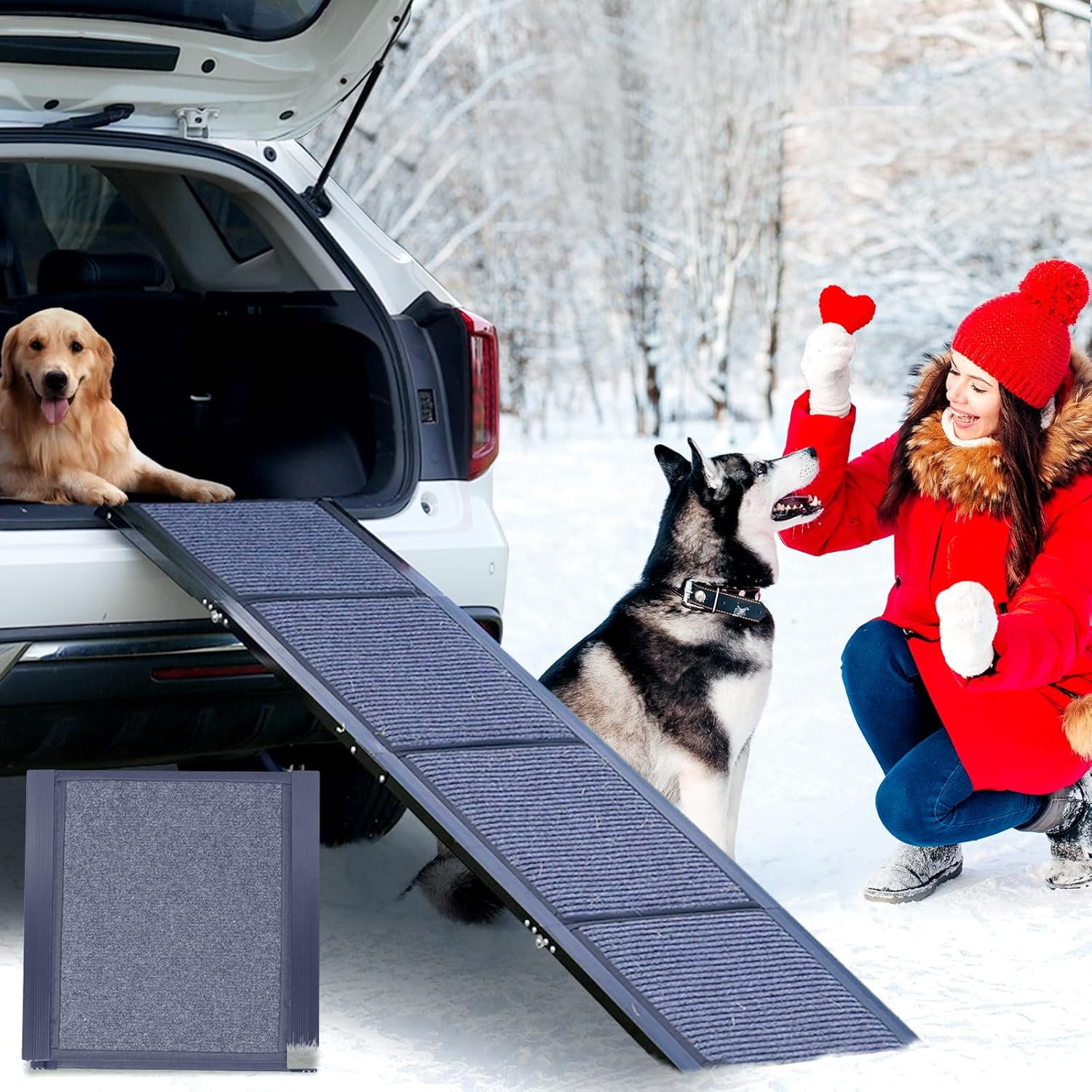 63-Inch Black Aluminum Foldable Dog Car Ramp with Nonslip Rug Surface
