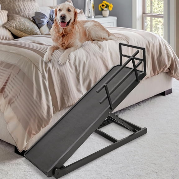 Slsy Dog Ramp with Side Rails, 5 Level Adjustable Folding Pet Ramp for 23.6''H Bed, 48" Long Wood Pet Ramp for Small & Old Dogs & Cats, Supports up to 200 lbs