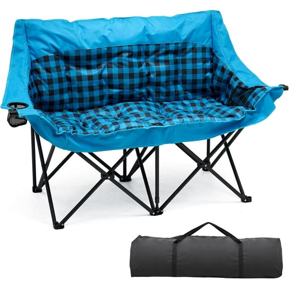 Slsy Double Camping Chair, Extra Padded Loveseat for 3 Prson Heavy Duty Folding Loveseat with Cup Holders for Camping, Fishing, or Hunting