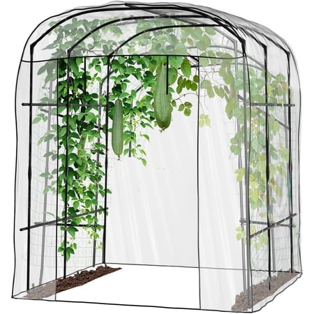Slsy Extra Tall Garden Arch Trellis with PVC Greenhouse Cover for Climbing Plants Outdoor, 87"x 75" x 71" Metal Arbor Plant Support Trellis Archway for Climbing Vine Vegetable/Fruit/Flower