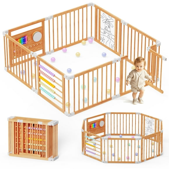 Slsy Foldable Wooden Playpen with Door, Adjustable Size&Shape for 1-8 year, 3 Theme Toy Design, Large Safety Baby Gate Playard, Safe Play Area Kids Activity Center Indoor Outdoor(24" Tall, 8-Panel)