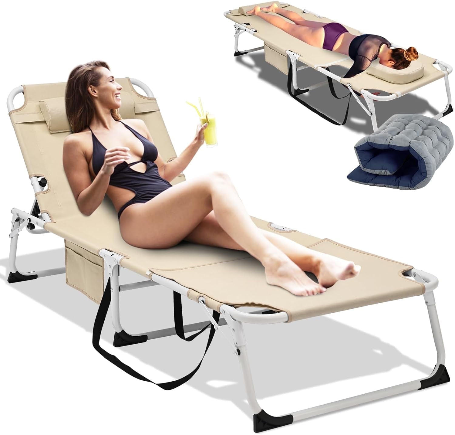 Slsy Folding Camping Cot Bed with 2 Sided Cushion Pillow Face