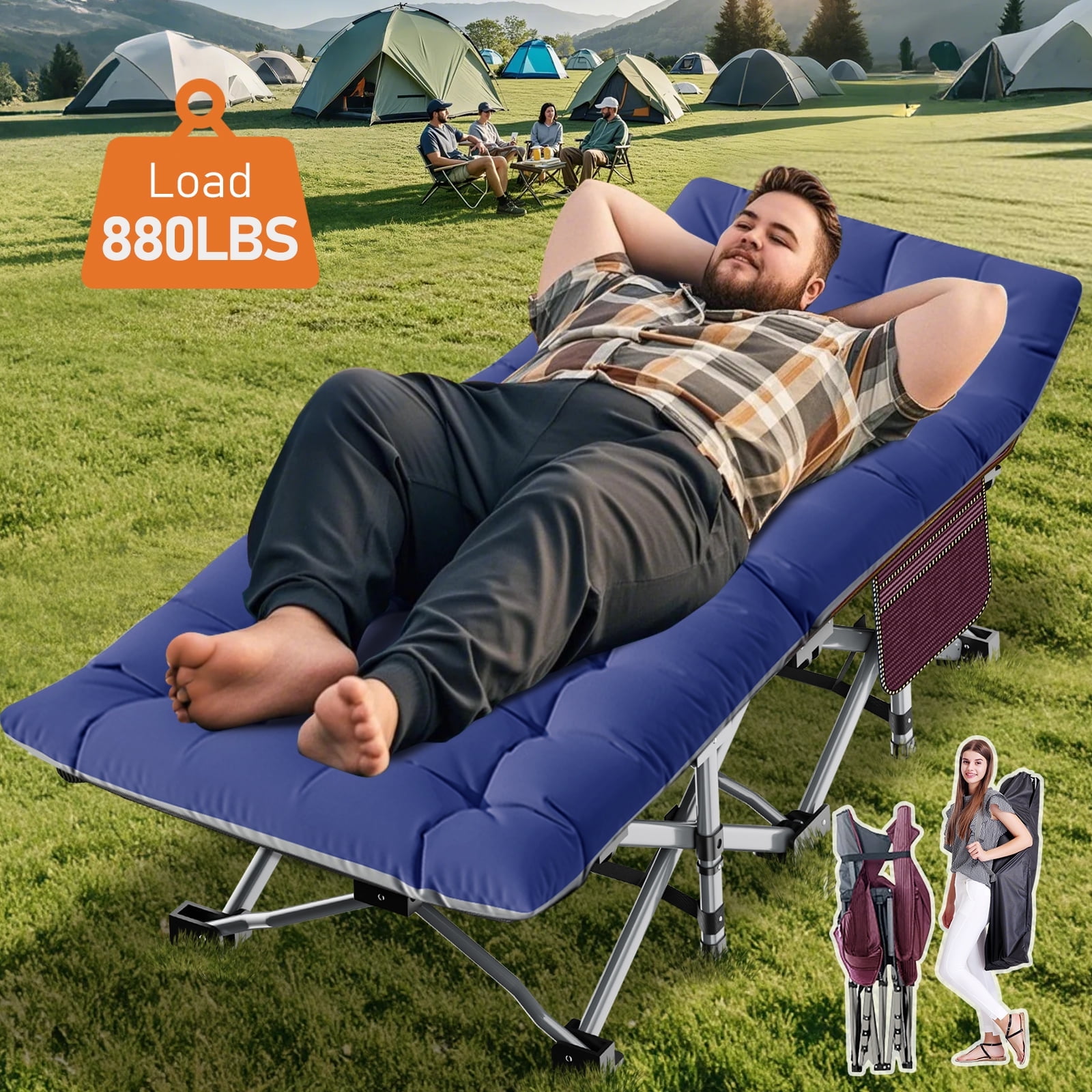 Blue Portable Folding Camping Cot with Mattress