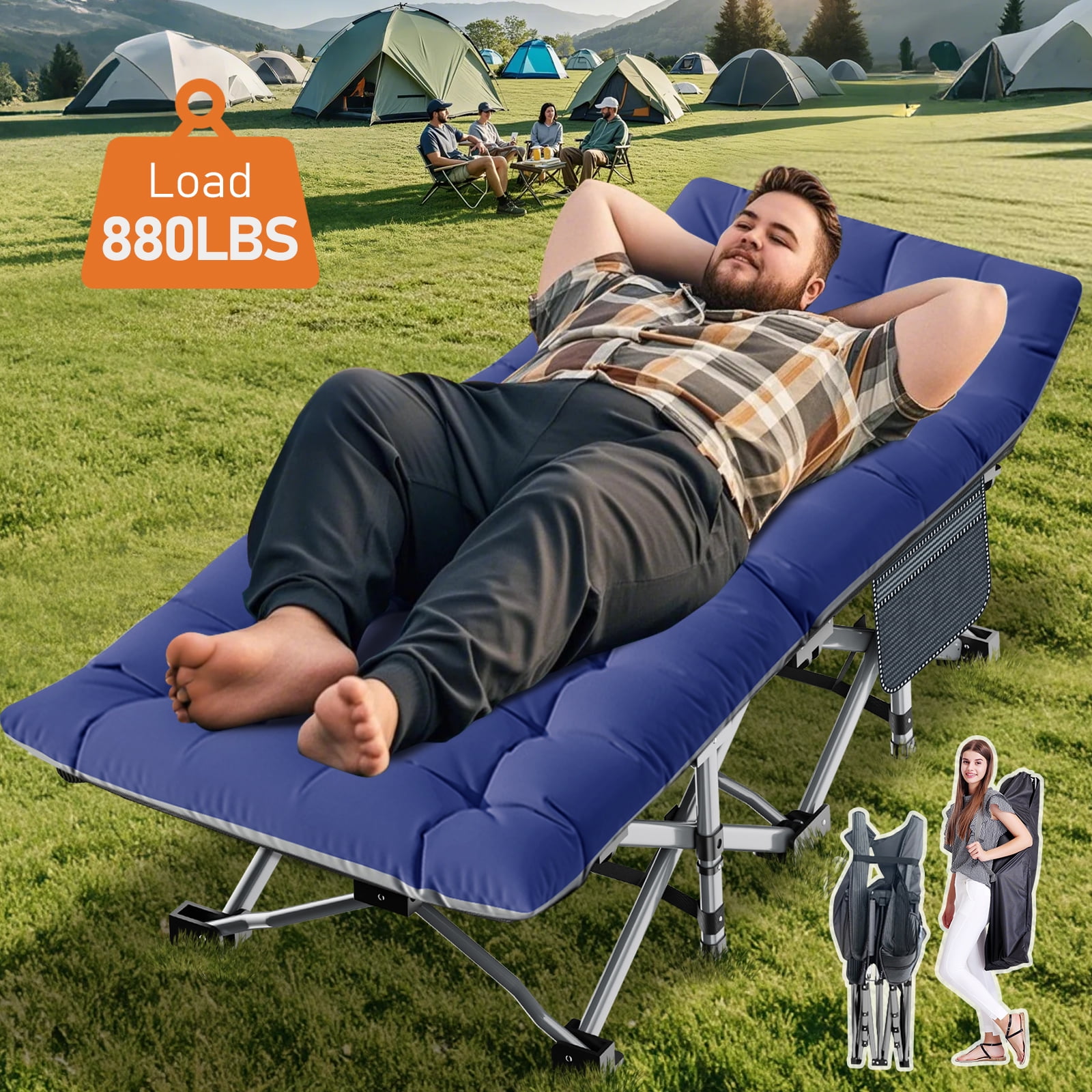 Blue Portable Folding Camping Cot with Mattress