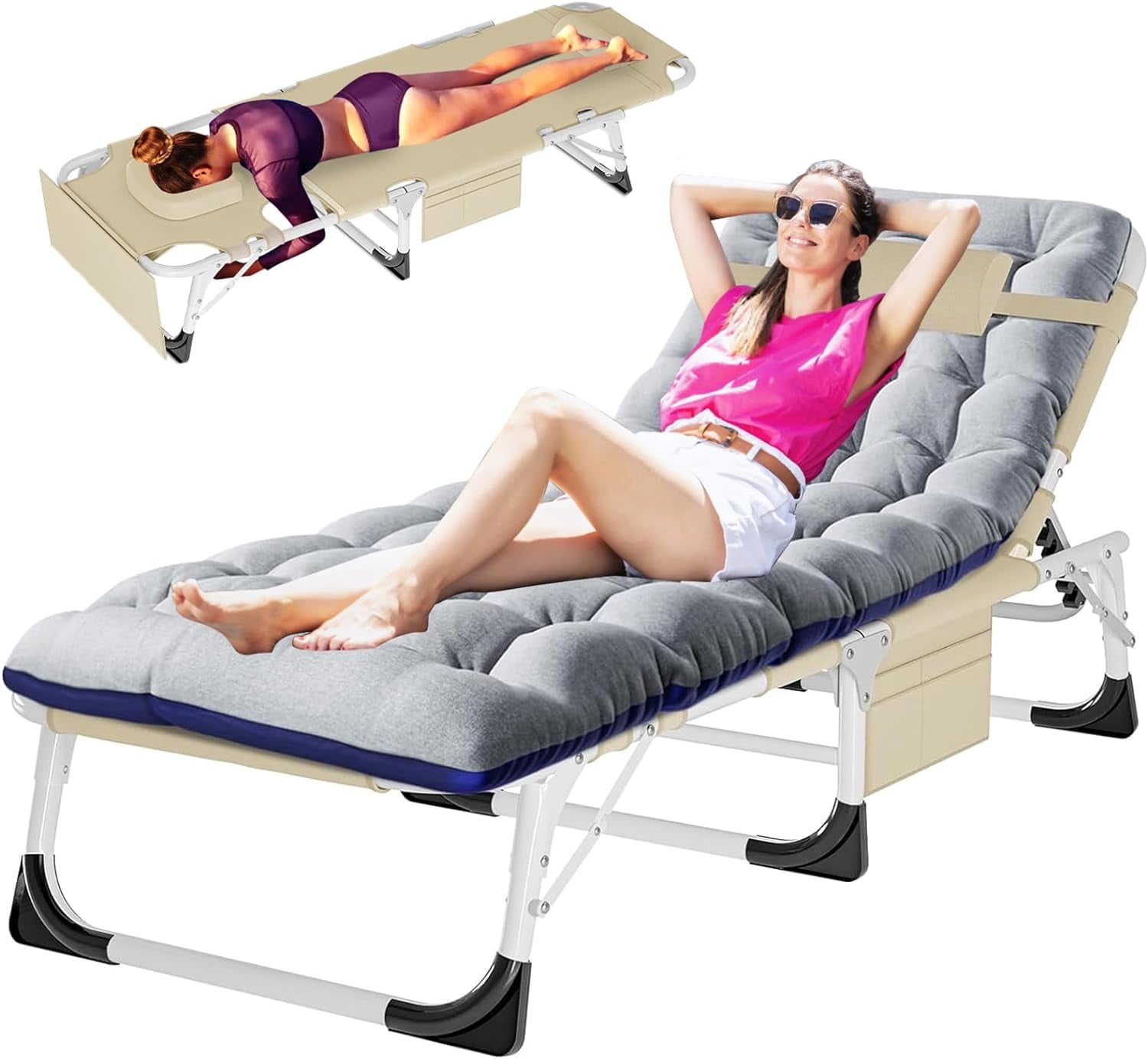 Slsy Alloy Steel Arm Slots Outdoor Folding Chaise Lounge Chair, Beige