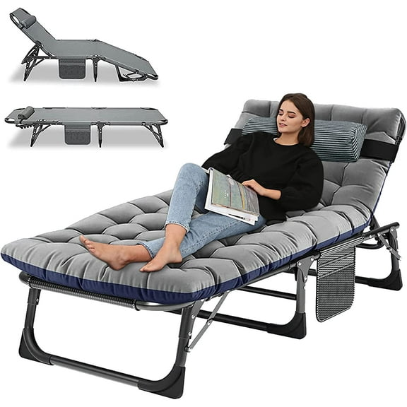 Slsy Folding Sleeping Cots Bed with 2 Sided Mattress & Pillow, Folding Camping Cot, Adjustable 4-Position Folding Lounge Chair