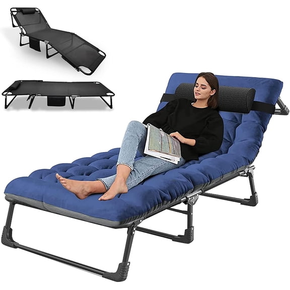 Slsy Folding Sleeping Cots Bed with 2 Sided Mattress & Pillow, Folding Camping Cot, Adjustable 4-Position Folding Lounge Chair