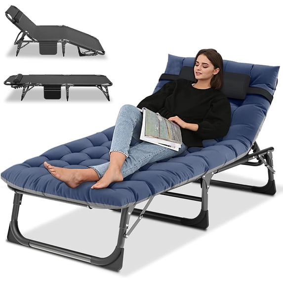 Slsy Folding Sleeping Cots Bed with 2 Sided Mattress & Pillow, Folding Camping Cot, Adjustable 4-Position Folding Lounge Chair