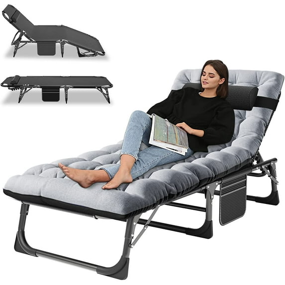Slsy Folding Sleeping Cots Bed with 2 Sided Mattress & Pillow, Folding Camping Cot, Adjustable 4-Position Folding Lounge Chair